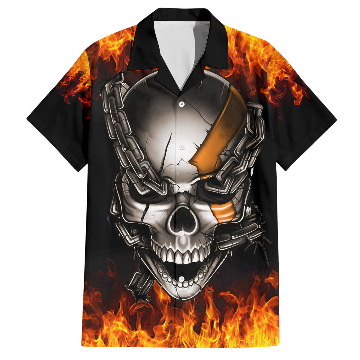 Metal Skull Hawaiian Shirt Infernal Chains in Fiery Abyss - Wonder Print Shop