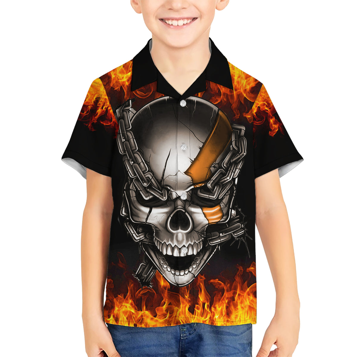 Metal Skull Hawaiian Shirt Infernal Chains in Fiery Abyss - Wonder Print Shop