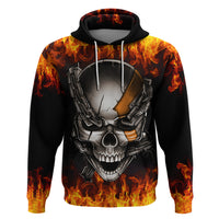 Black pullover hoodie with fiery orange flame skull and metal chain graphic on front