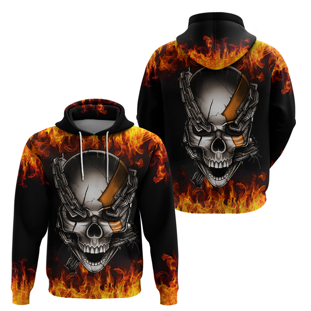 Black pullover hoodie with fiery flame skull and metal chain graphic, front and back views
