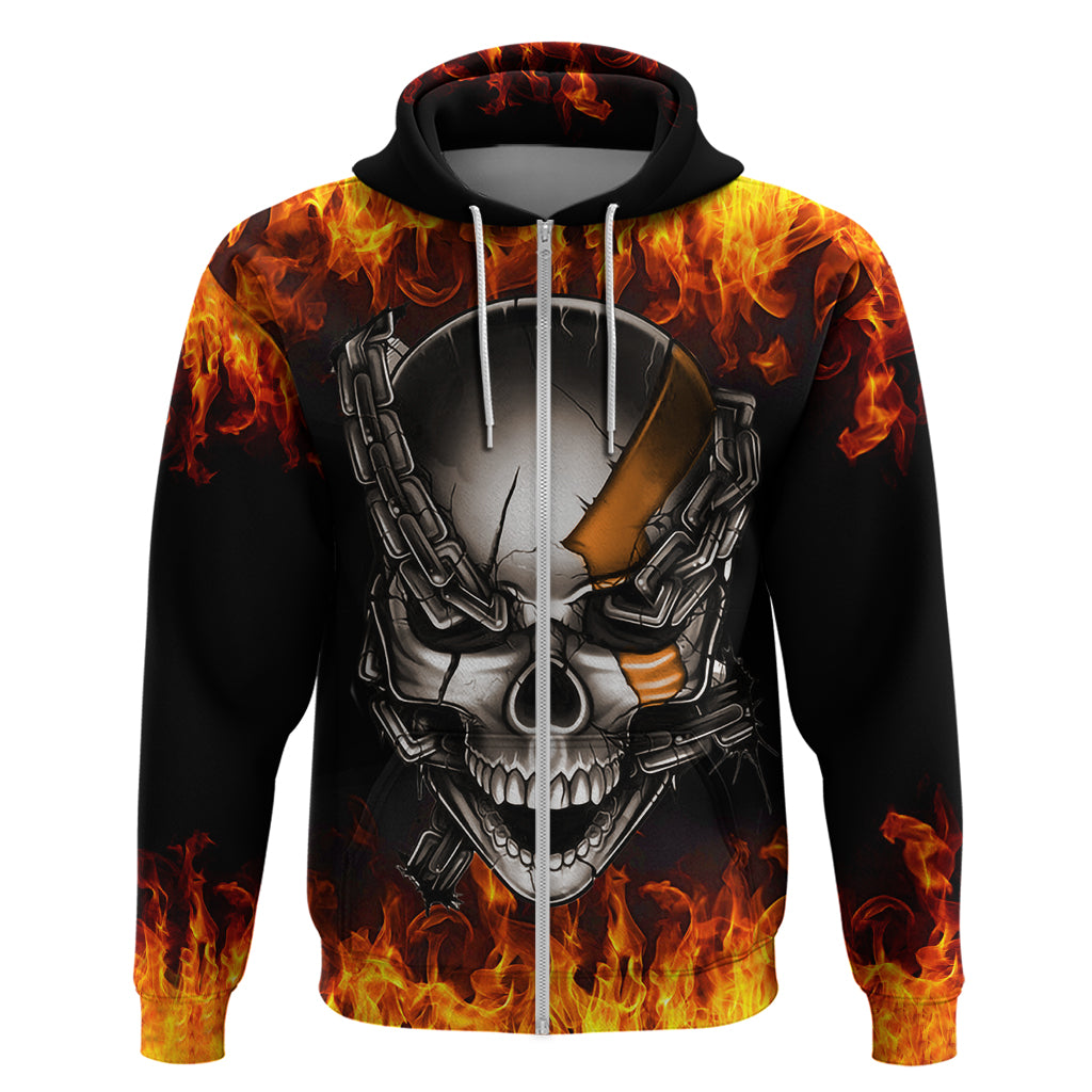 Black pullover hoodie featuring fiery flame skull with metal chains graphic and drawstring hood