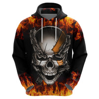 Black pullover hoodie, close-up front: fiery flame skull with metal chain artwork