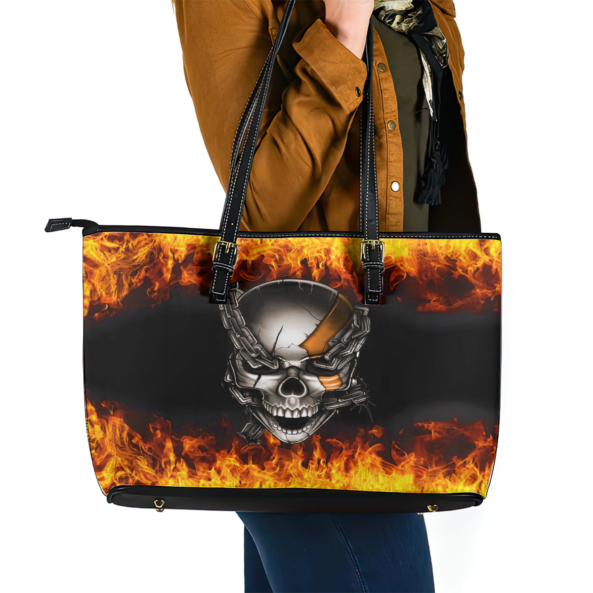 Metal Skull Leather Tote Bag Infernal Chains in Fiery Abyss - Wonder Print Shop