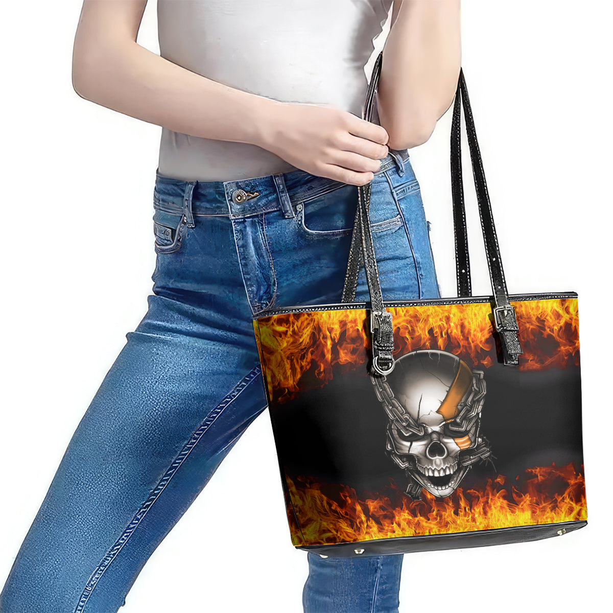 Metal Skull Leather Tote Bag Infernal Chains in Fiery Abyss - Wonder Print Shop