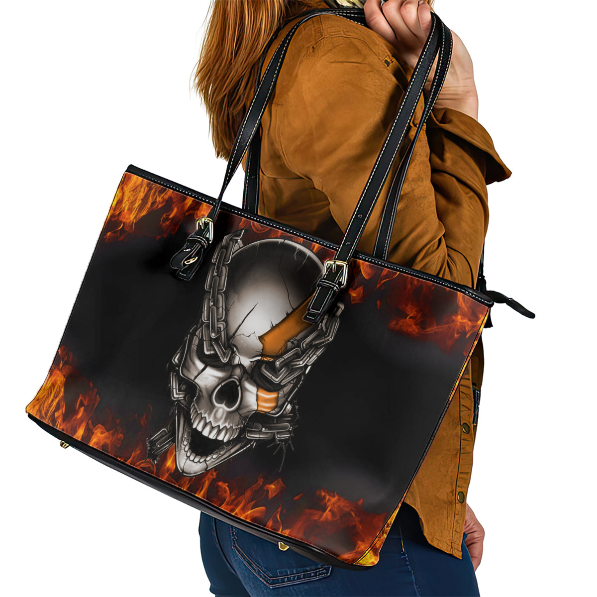 Metal Skull Leather Tote Bag Infernal Chains in Fiery Abyss - Wonder Print Shop