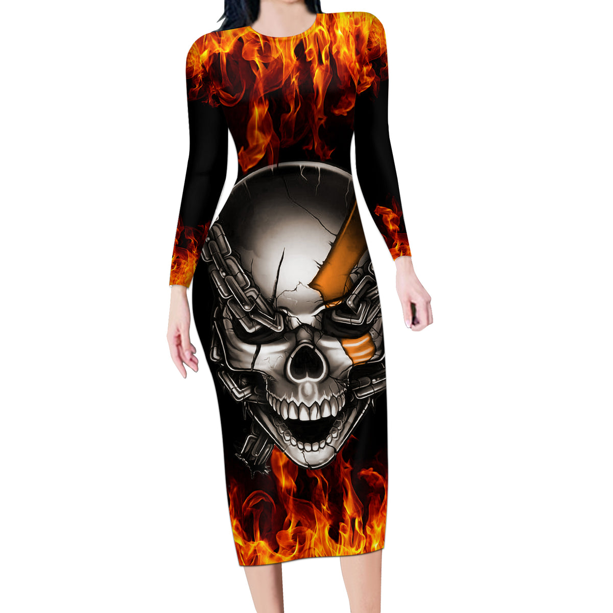 Metal Skull Long Sleeve Bodycon Dress Infernal Chains in Fiery Abyss - Wonder Print Shop