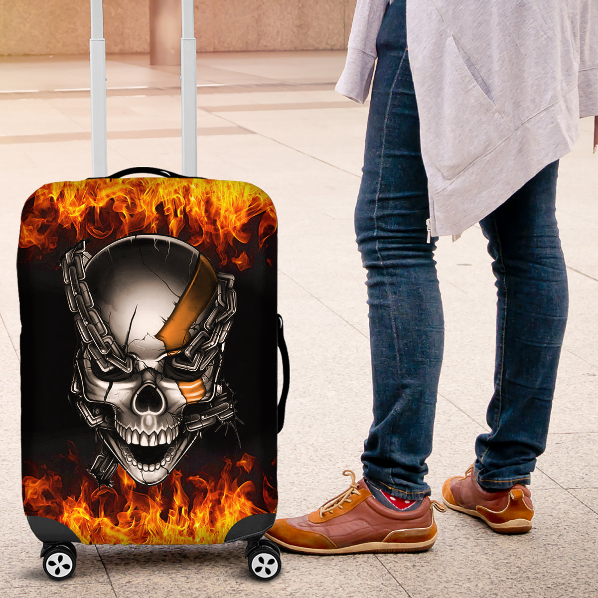 Metal Skull Luggage Cover Infernal Chains in Fiery Abyss - Wonder Print Shop