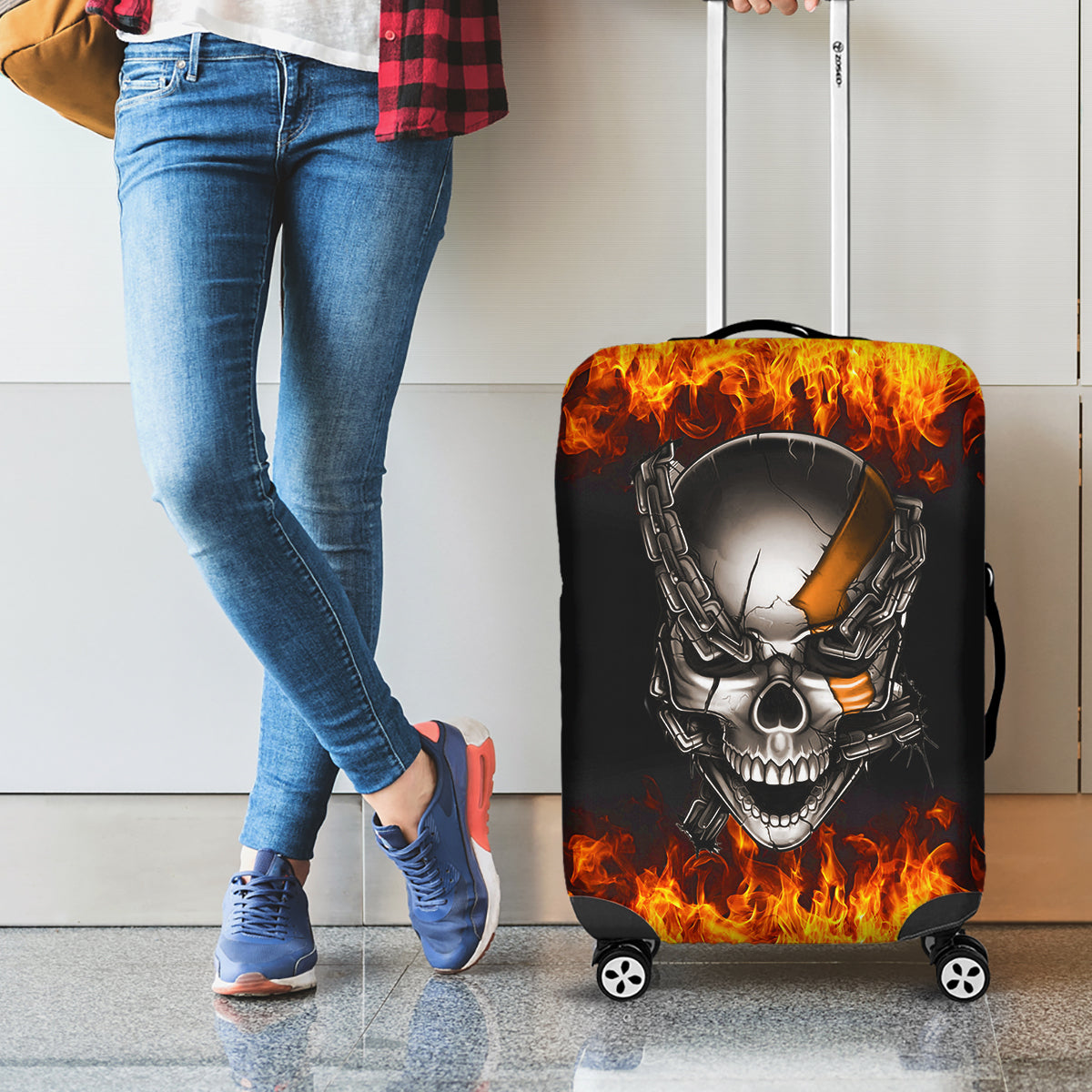 Metal Skull Luggage Cover Infernal Chains in Fiery Abyss - Wonder Print Shop