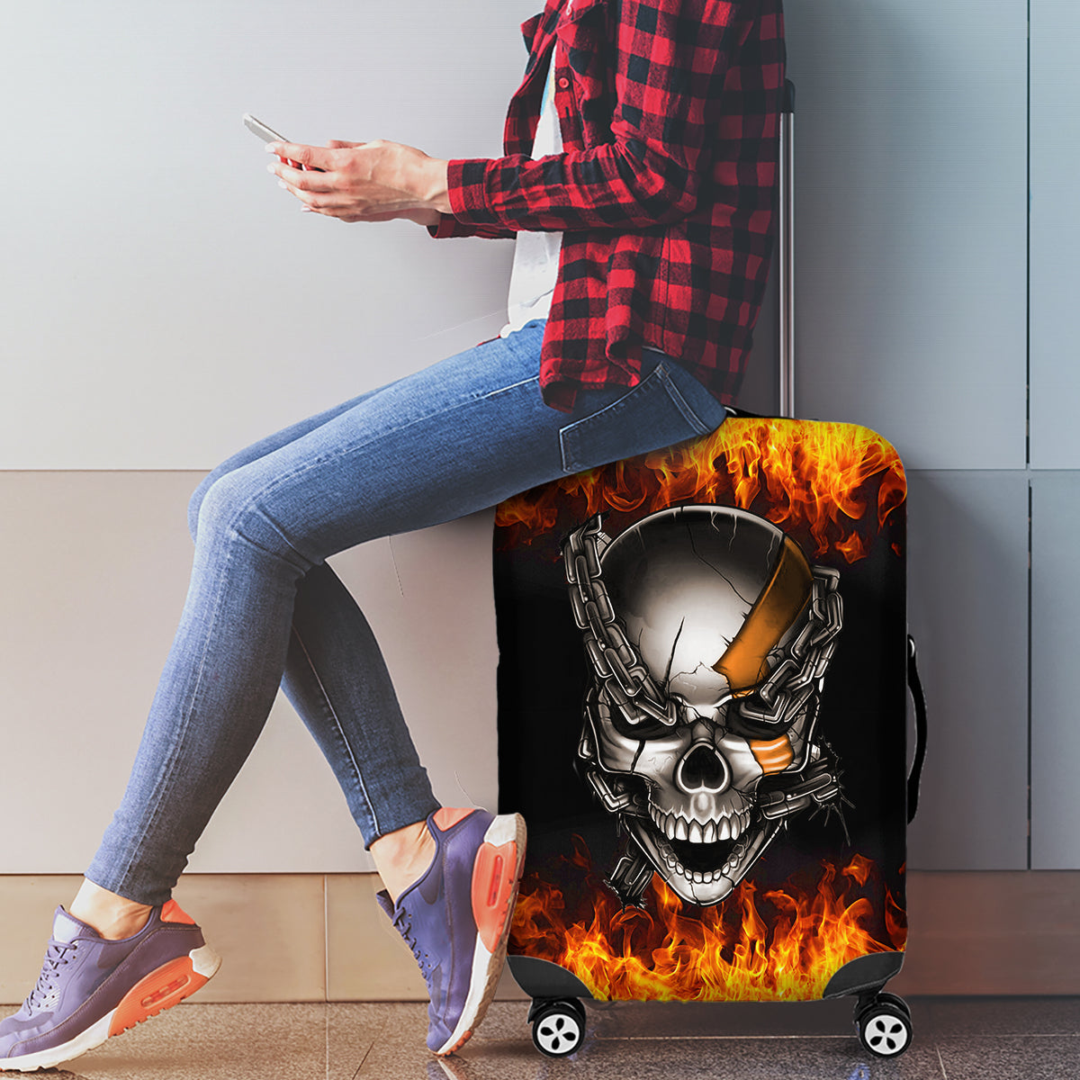 Metal Skull Luggage Cover Infernal Chains in Fiery Abyss - Wonder Print Shop