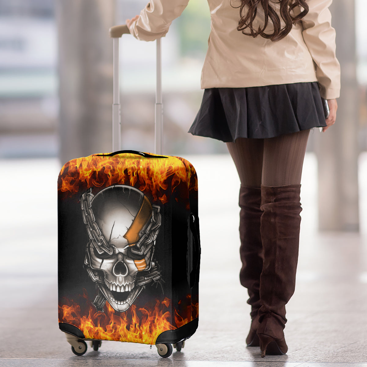 Metal Skull Luggage Cover Infernal Chains in Fiery Abyss - Wonder Print Shop