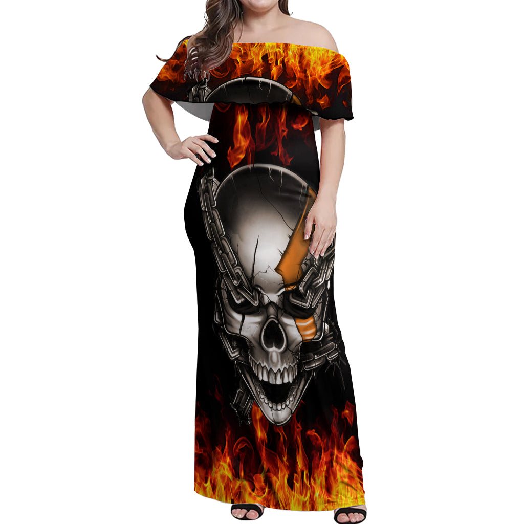 Metal Skull Off Shoulder Maxi Dress Infernal Chains in Fiery Abyss - Wonder Print Shop