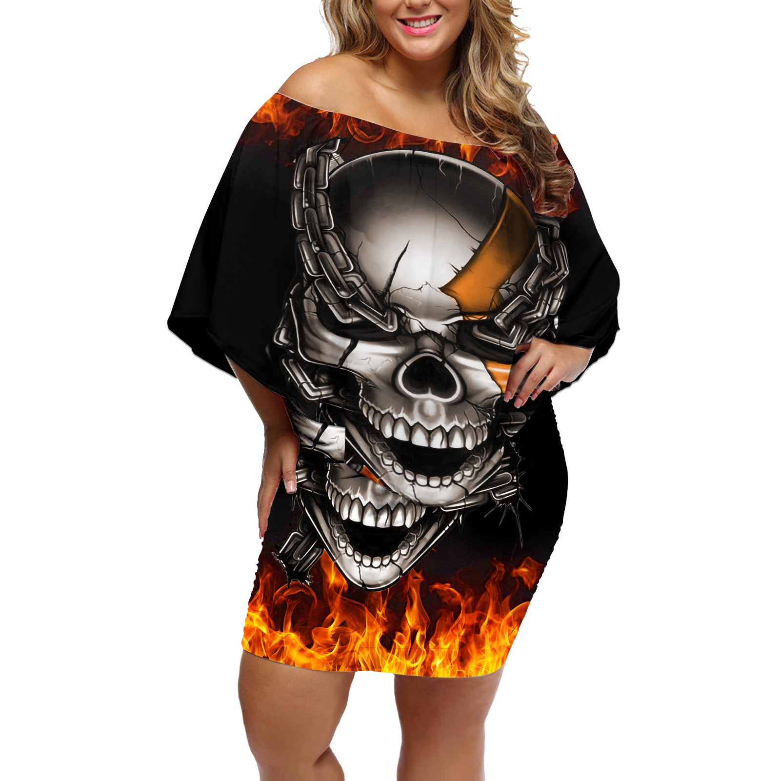 Metal Skull Off Shoulder Short Dress Infernal Chains in Fiery Abyss - Wonder Print Shop