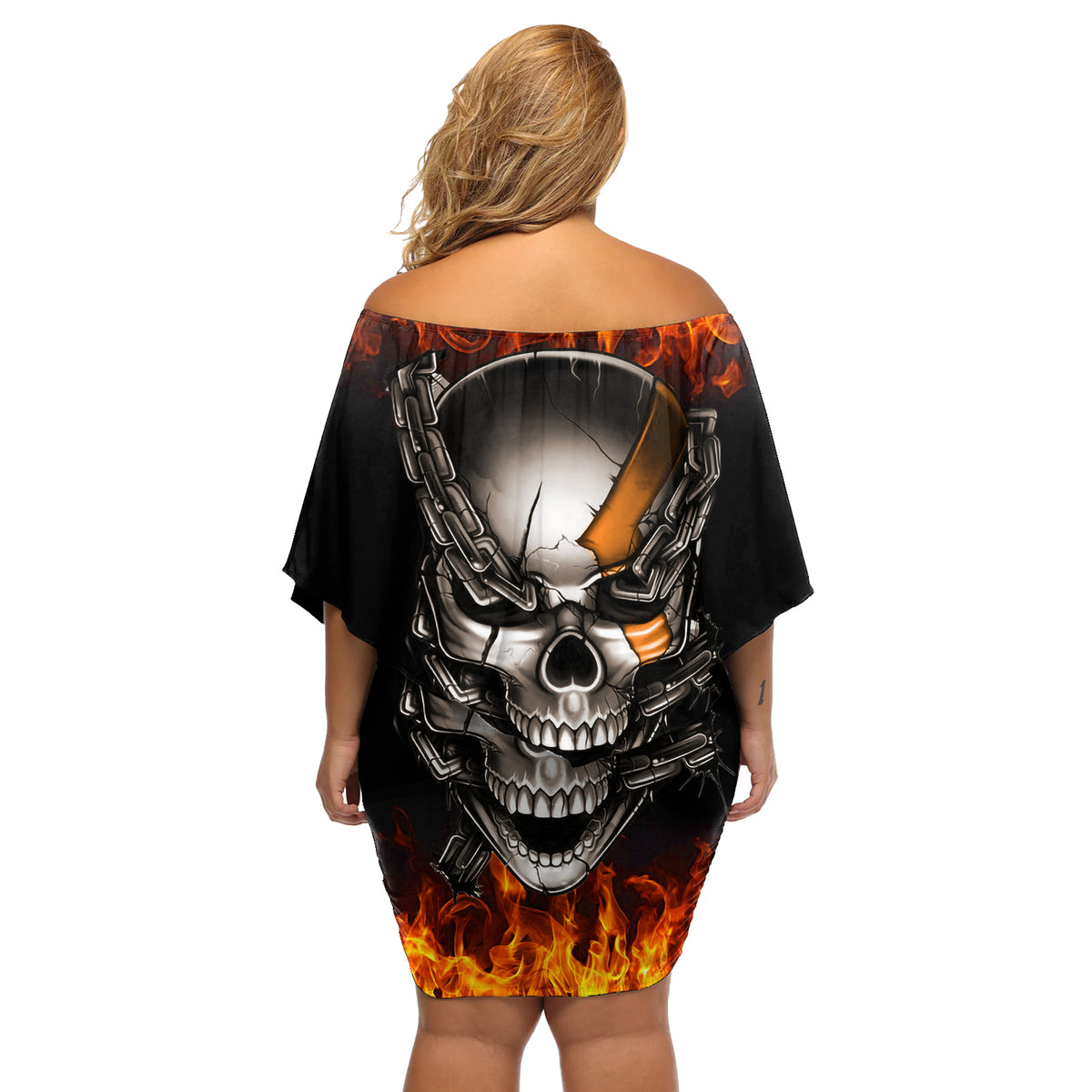 Metal Skull Off Shoulder Short Dress Infernal Chains in Fiery Abyss - Wonder Print Shop