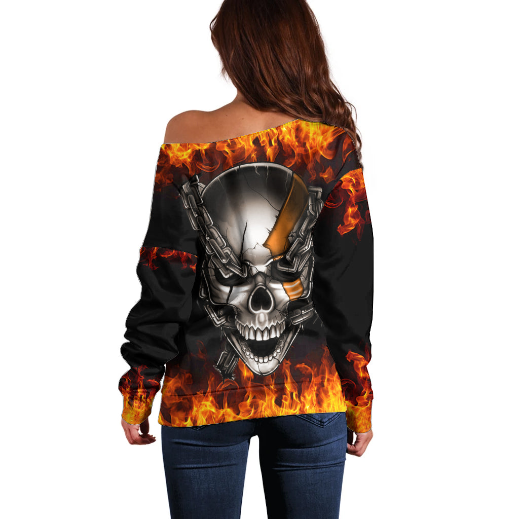 Metal Skull Off Shoulder Sweater Infernal Chains in Fiery Abyss - Wonder Print Shop