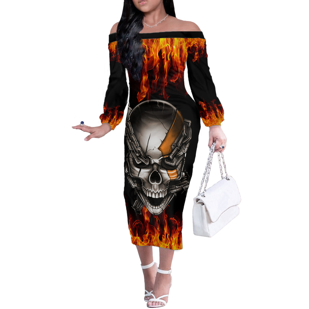 Metal Skull Off The Shoulder Long Sleeve Dress Infernal Chains in Fiery Abyss - Wonder Print Shop