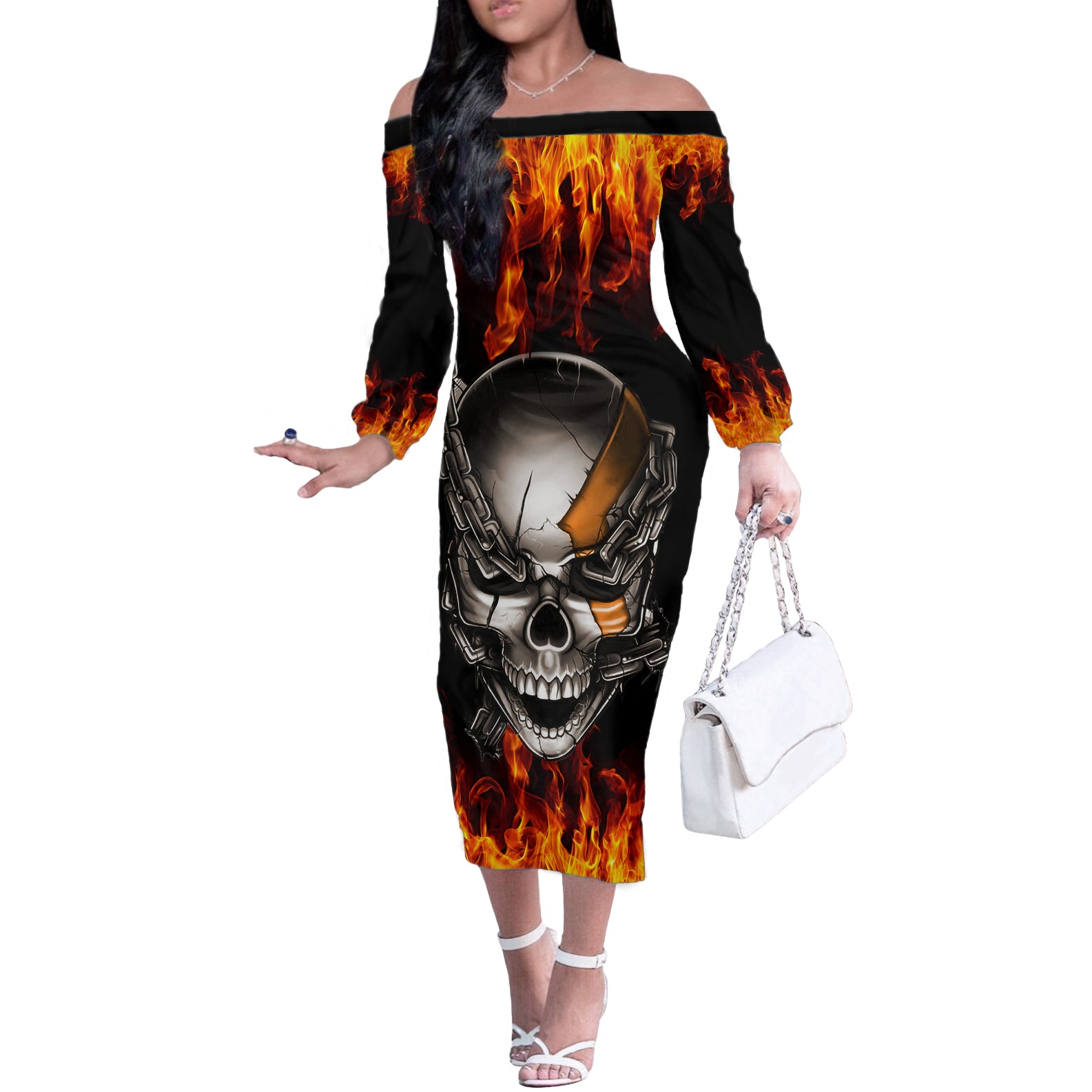 Metal Skull Off The Shoulder Long Sleeve Dress Infernal Chains in Fiery Abyss - Wonder Print Shop