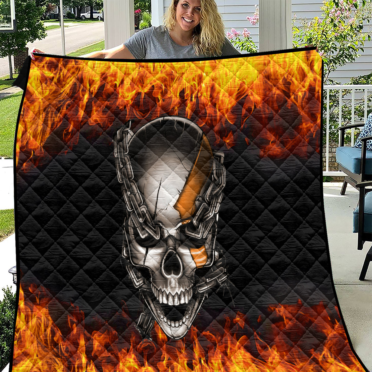 Metal Skull Quilt Infernal Chains in Fiery Abyss - Wonder Print Shop