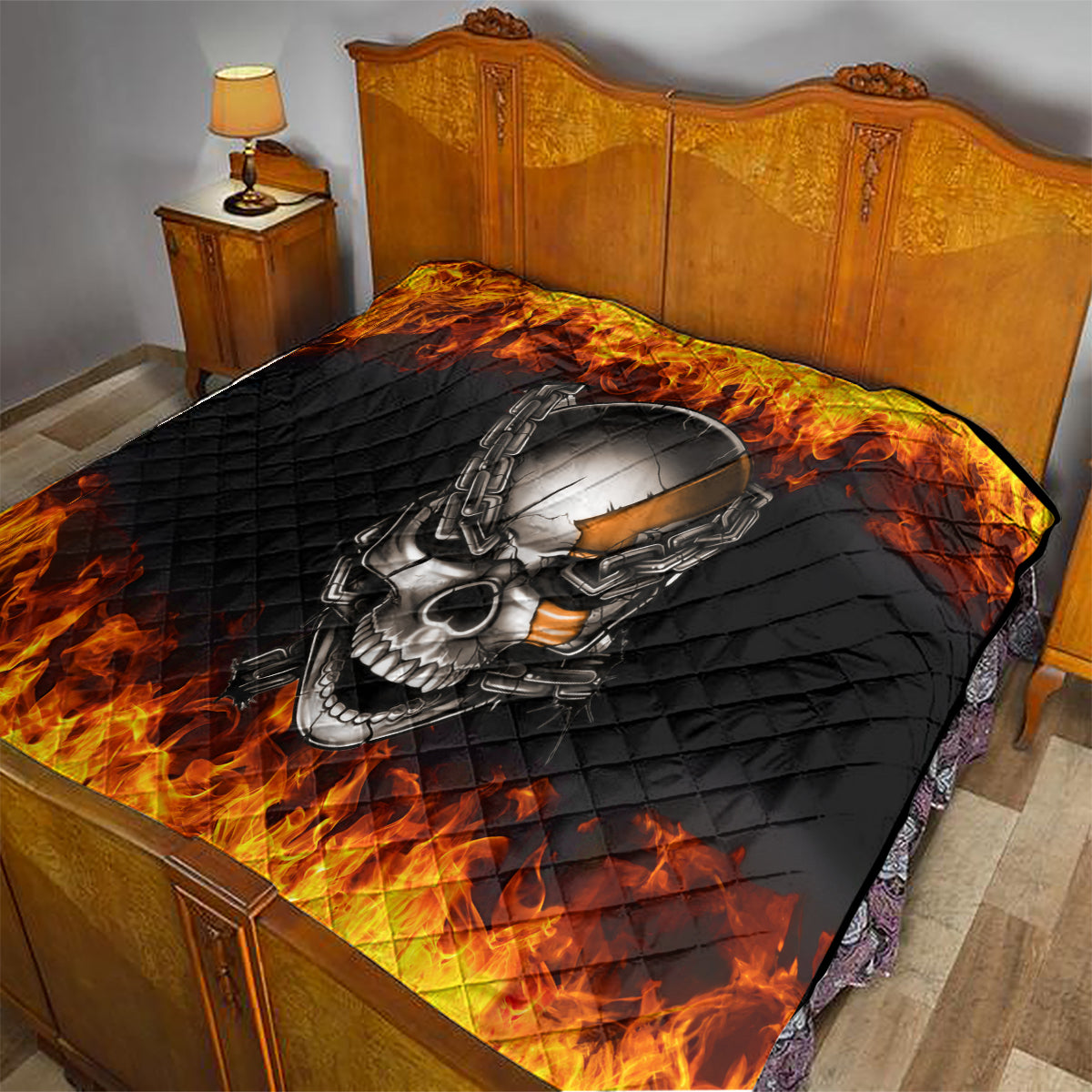 Metal Skull Quilt Infernal Chains in Fiery Abyss - Wonder Print Shop