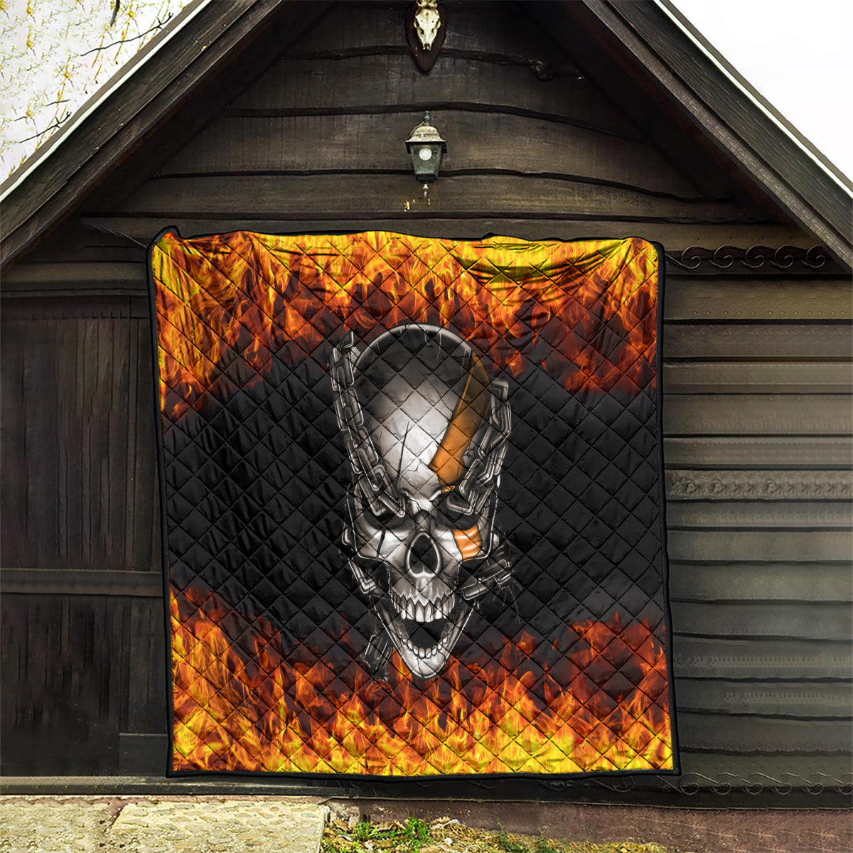 Metal Skull Quilt Infernal Chains in Fiery Abyss - Wonder Print Shop