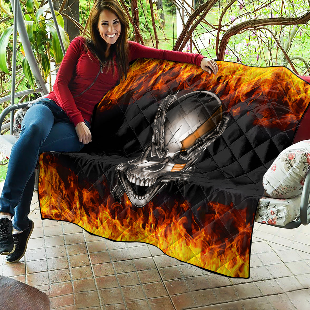 Metal Skull Quilt Infernal Chains in Fiery Abyss - Wonder Print Shop
