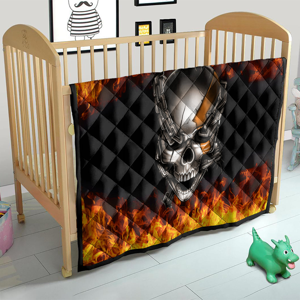 Metal Skull Quilt Infernal Chains in Fiery Abyss - Wonder Print Shop