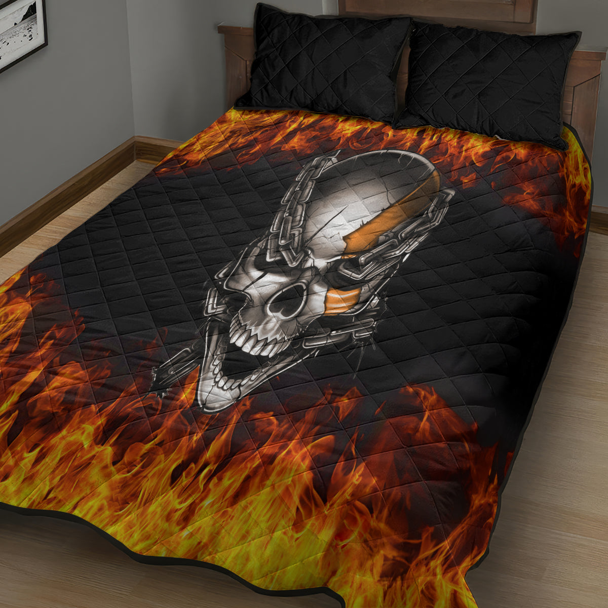 Metal Skull Quilt Bed Set Infernal Chains in Fiery Abyss - Wonder Print Shop