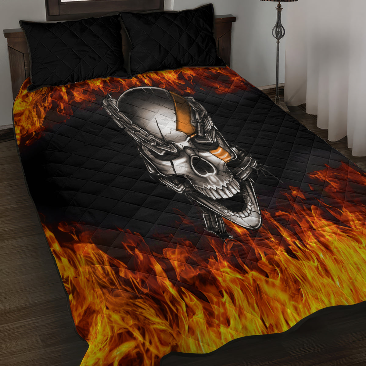 Metal Skull Quilt Bed Set Infernal Chains in Fiery Abyss - Wonder Print Shop