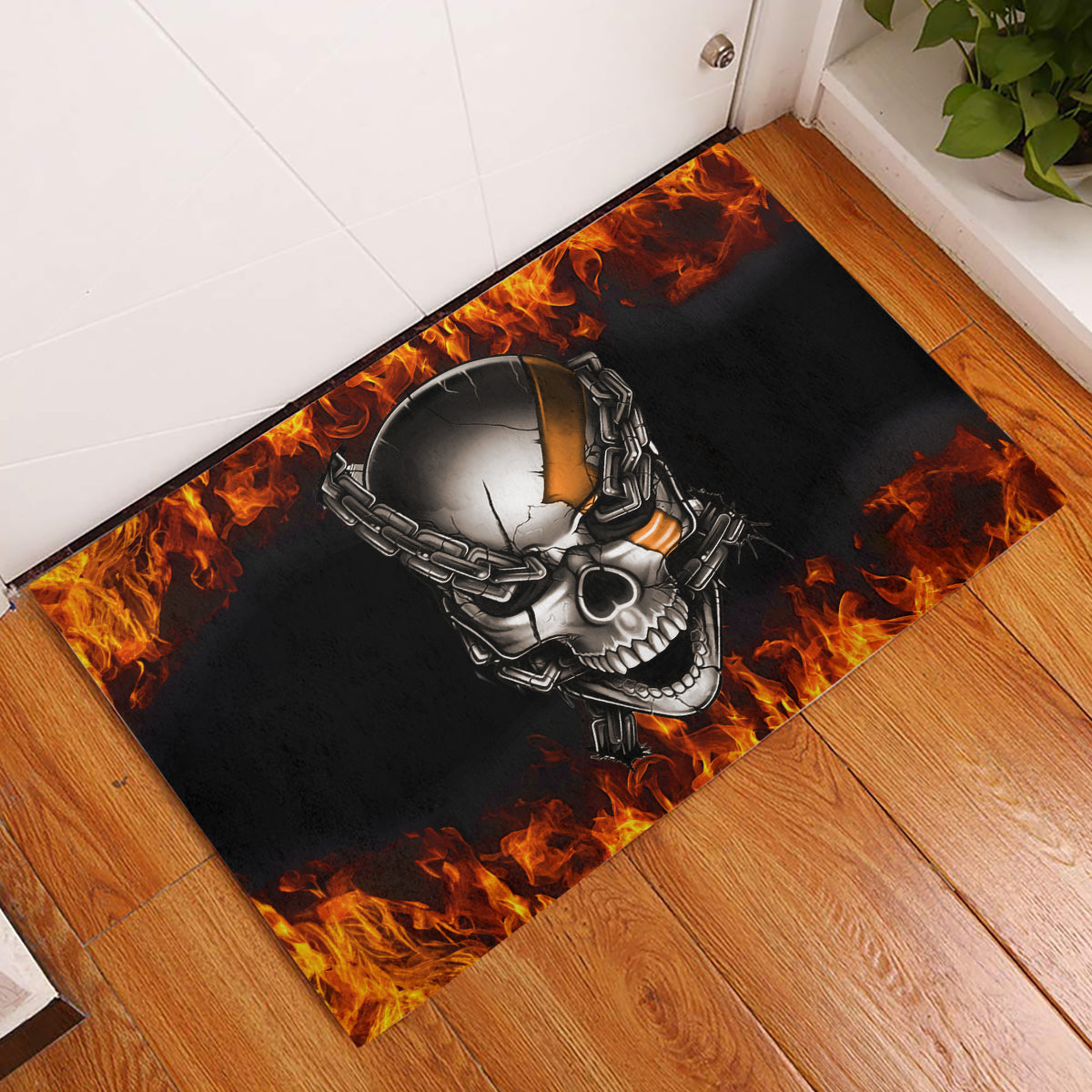 Metal Skull Rubber Doormat Infernal Chains in Fiery Abyss - Wonder Print Shop