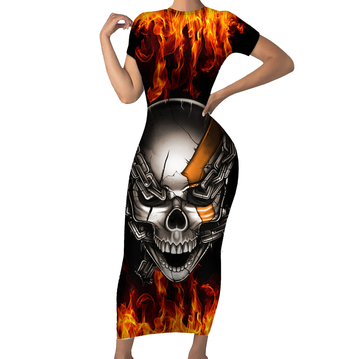 Metal Skull Short Sleeve Bodycon Dress Infernal Chains in Fiery Abyss - Wonder Print Shop