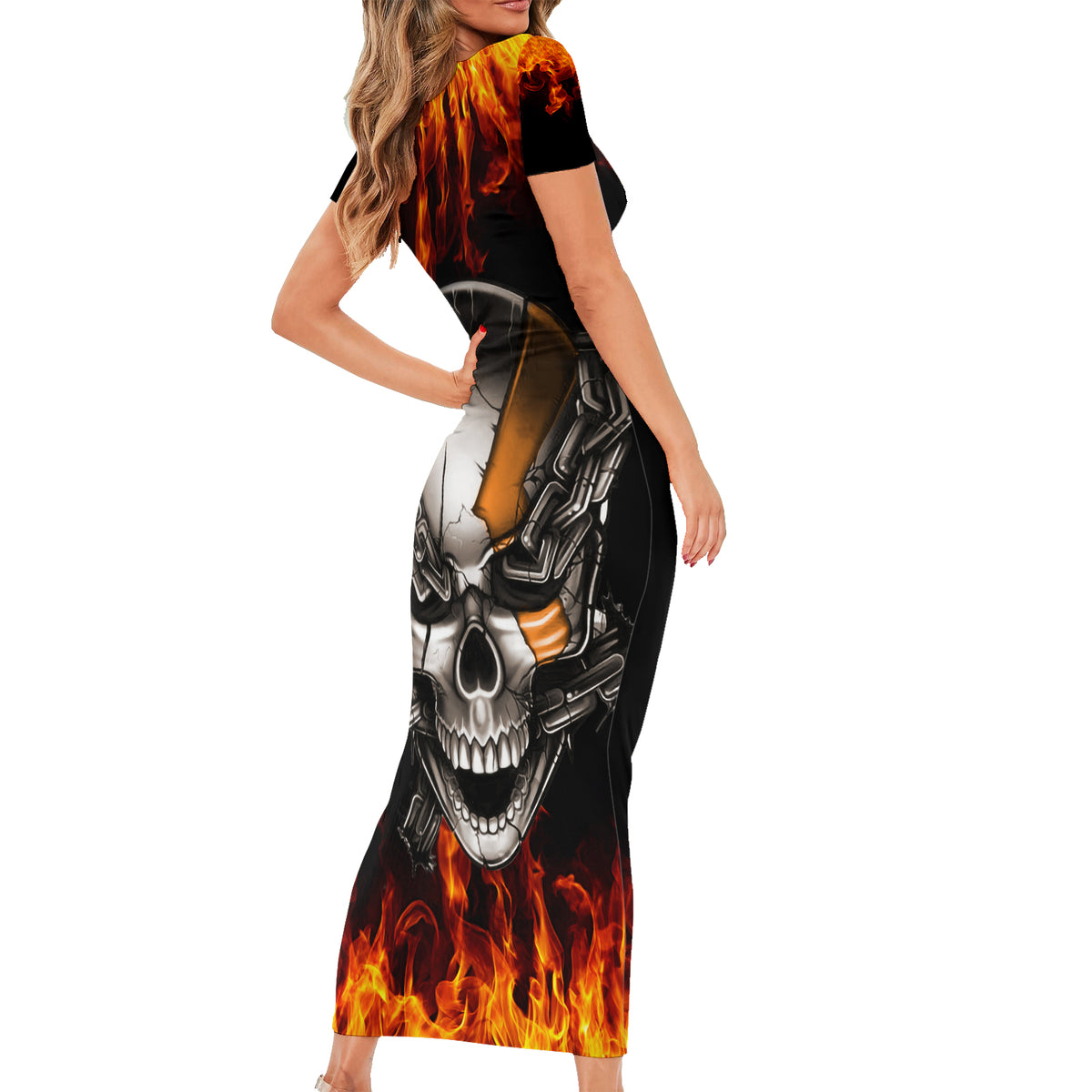 Metal Skull Short Sleeve Bodycon Dress Infernal Chains in Fiery Abyss - Wonder Print Shop