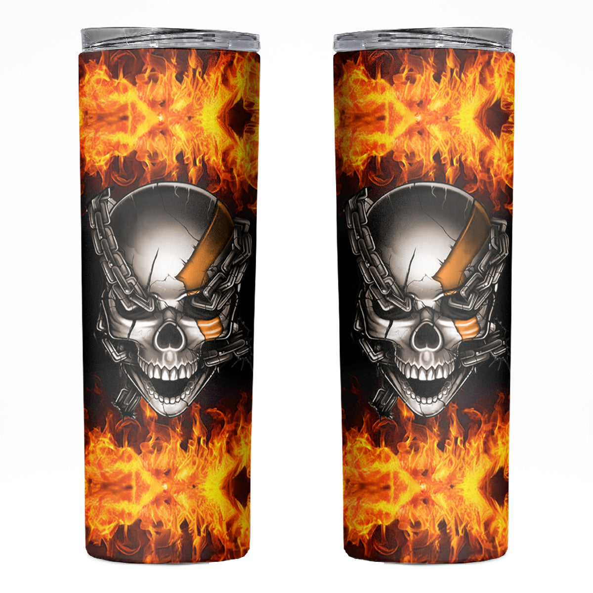 Metal Skull Skinny Tumbler Infernal Chains in Fiery Abyss - Wonder Print Shop