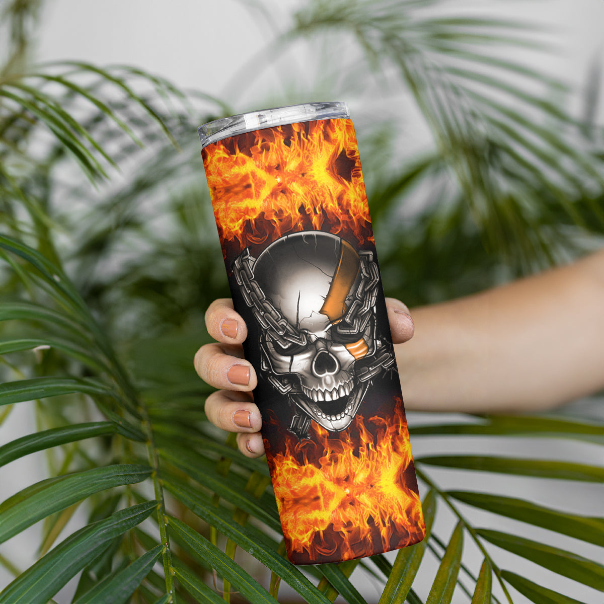 Metal Skull Skinny Tumbler Infernal Chains in Fiery Abyss - Wonder Print Shop