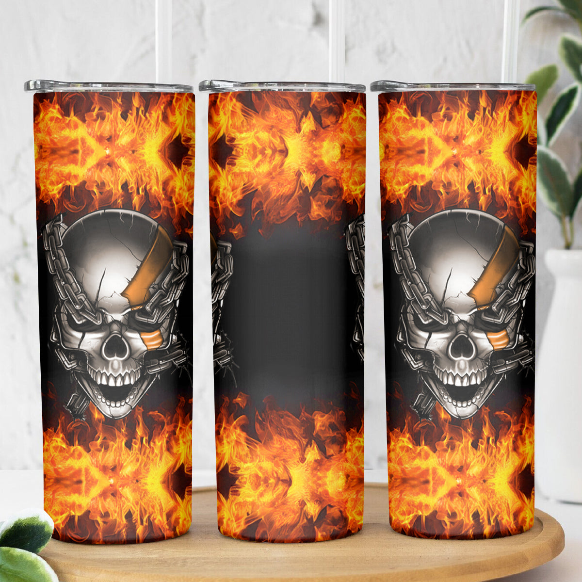 Metal Skull Skinny Tumbler Infernal Chains in Fiery Abyss - Wonder Print Shop
