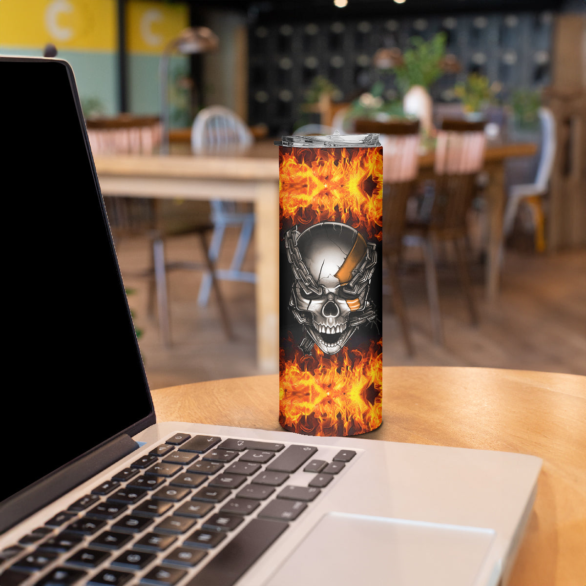 Metal Skull Skinny Tumbler Infernal Chains in Fiery Abyss - Wonder Print Shop