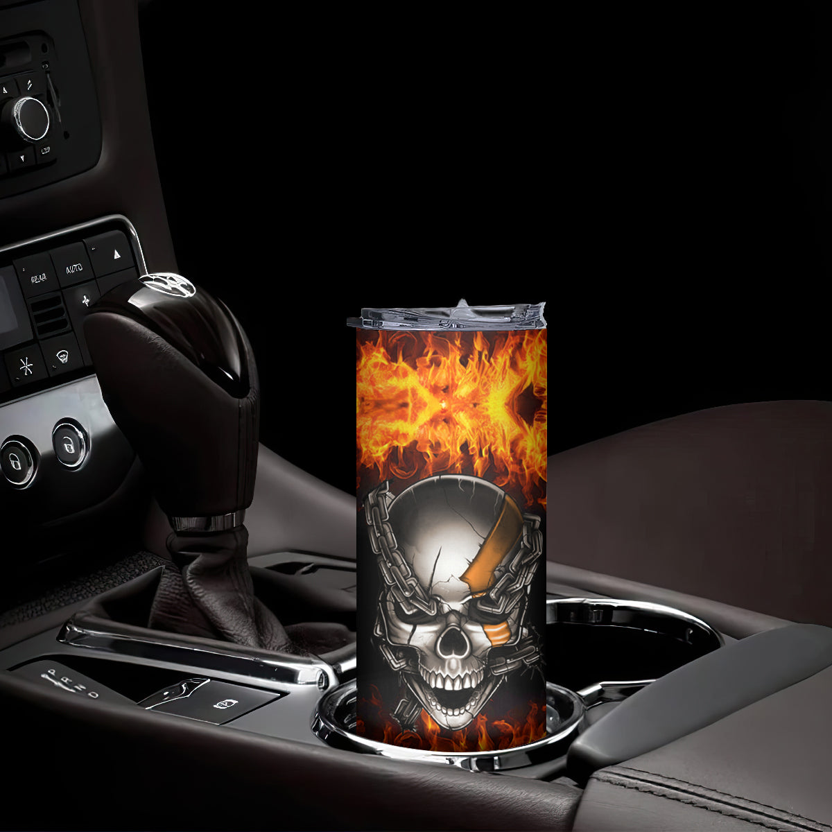Metal Skull Skinny Tumbler Infernal Chains in Fiery Abyss - Wonder Print Shop