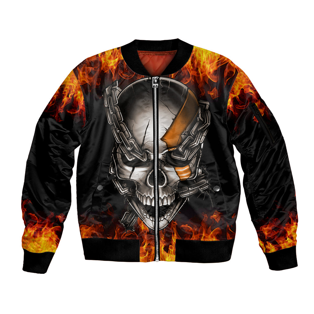 Metal Skull Sleeve Zip Bomber Jacket Infernal Chains in Fiery Abyss - Wonder Print Shop