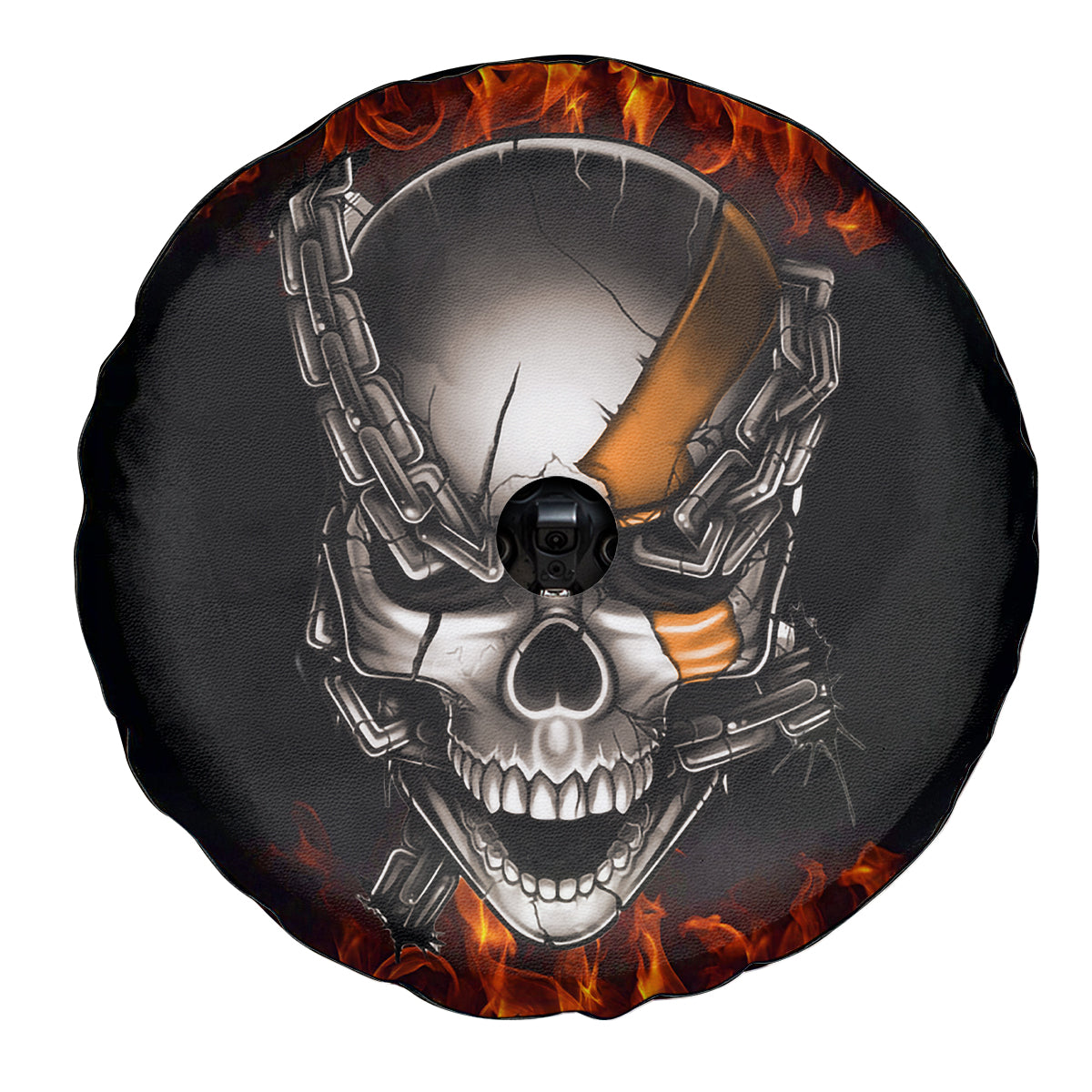 Metal Skull Spare Tire Cover Infernal Chains in Fiery Abyss - Wonder Print Shop