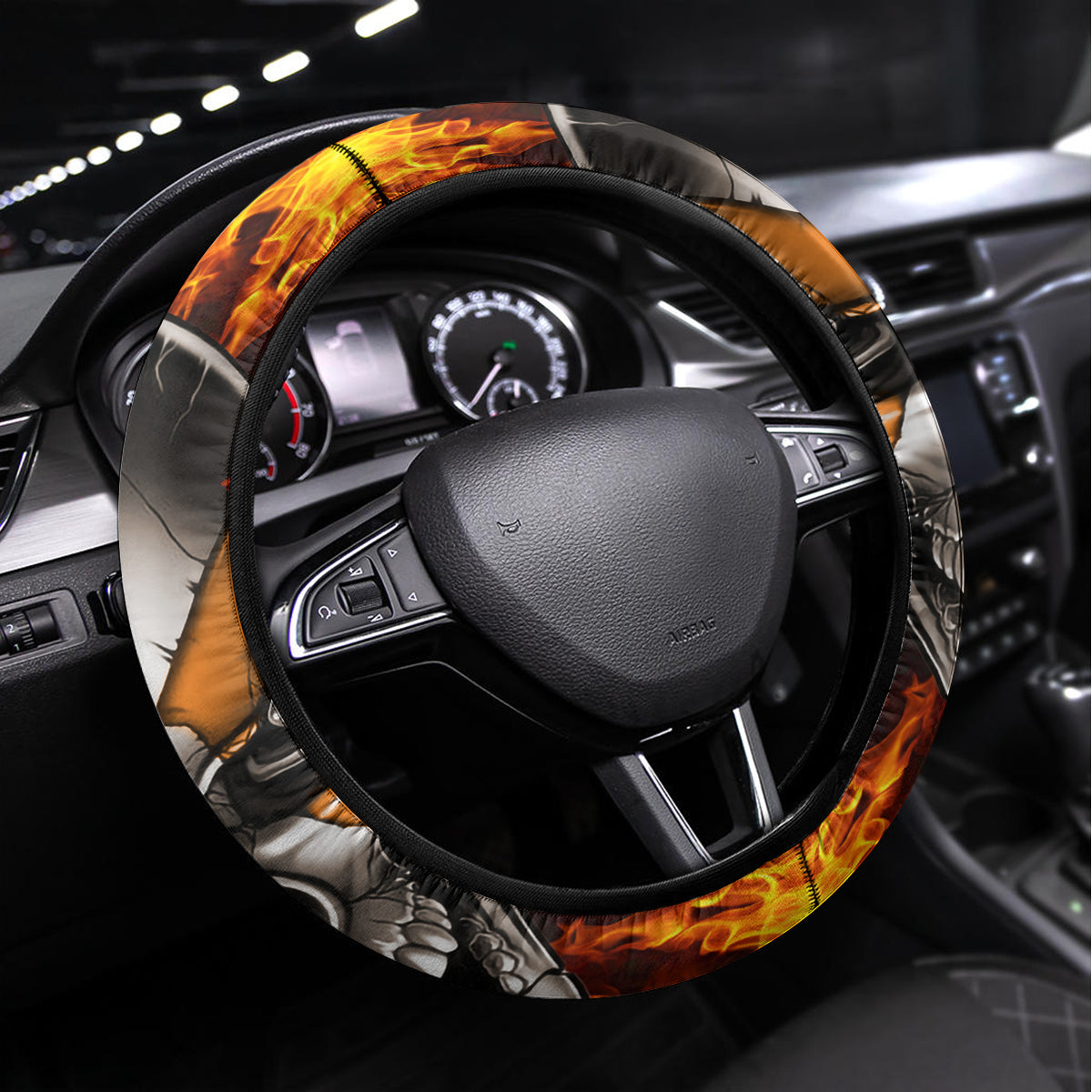 Metal Skull Steering Wheel Cover Infernal Chains in Fiery Abyss - Wonder Print Shop