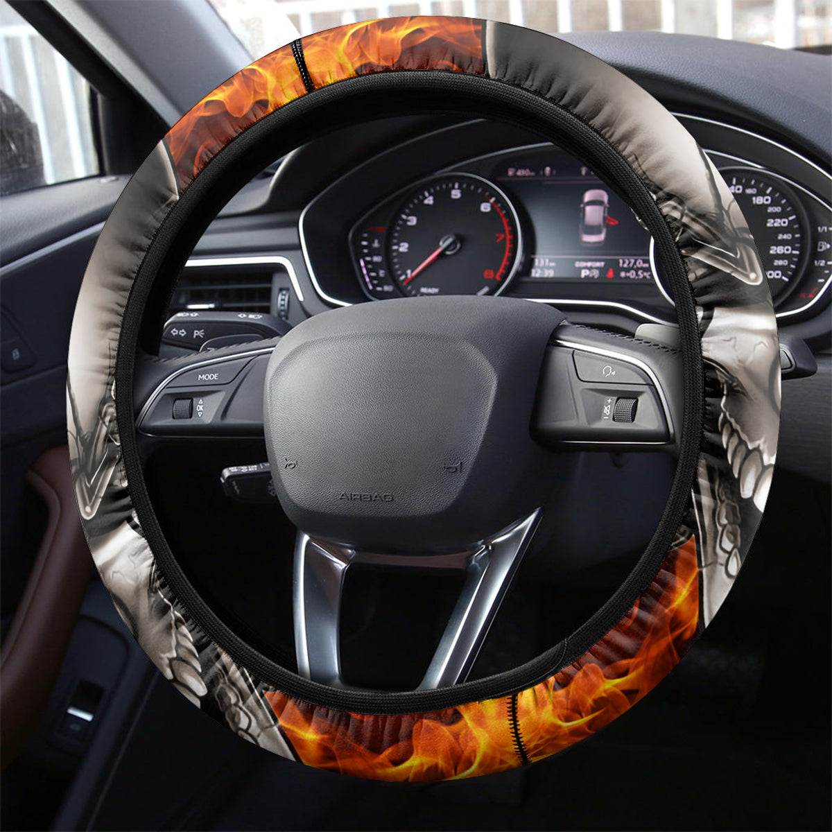 Metal Skull Steering Wheel Cover Infernal Chains in Fiery Abyss - Wonder Print Shop