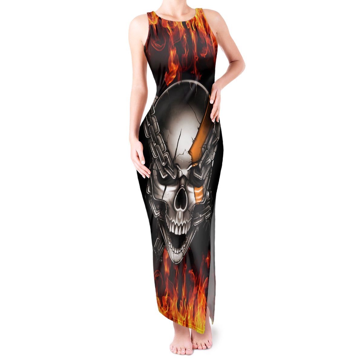 Metal Skull Tank Maxi Dress Infernal Chains in Fiery Abyss - Wonder Print Shop