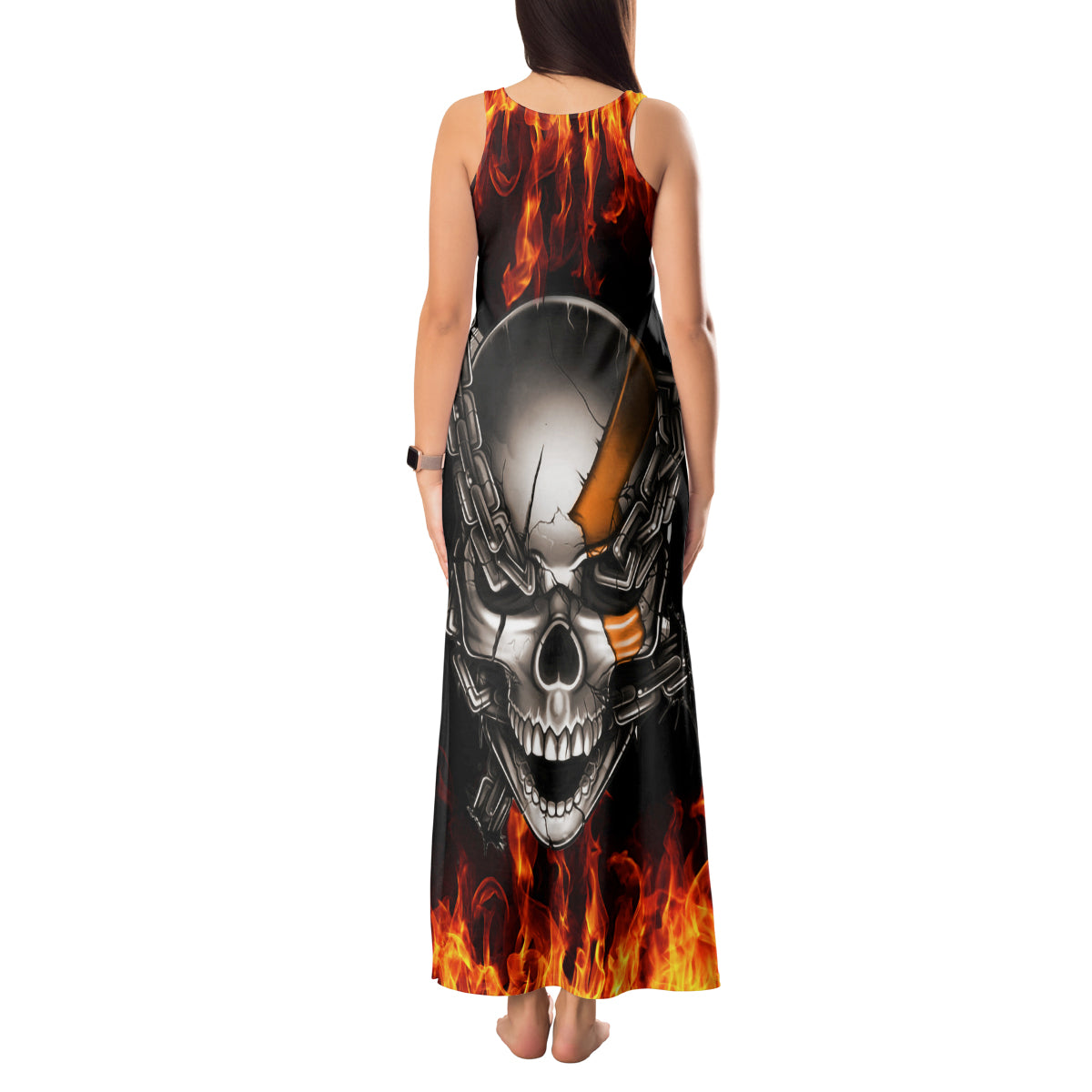 Metal Skull Tank Maxi Dress Infernal Chains in Fiery Abyss - Wonder Print Shop