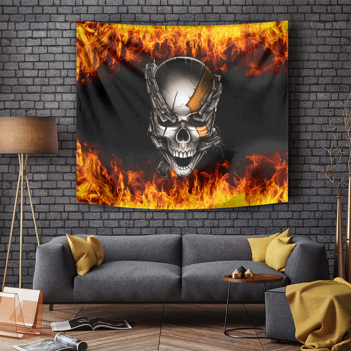 Metal Skull Tapestry Infernal Chains in Fiery Abyss - Wonder Print Shop