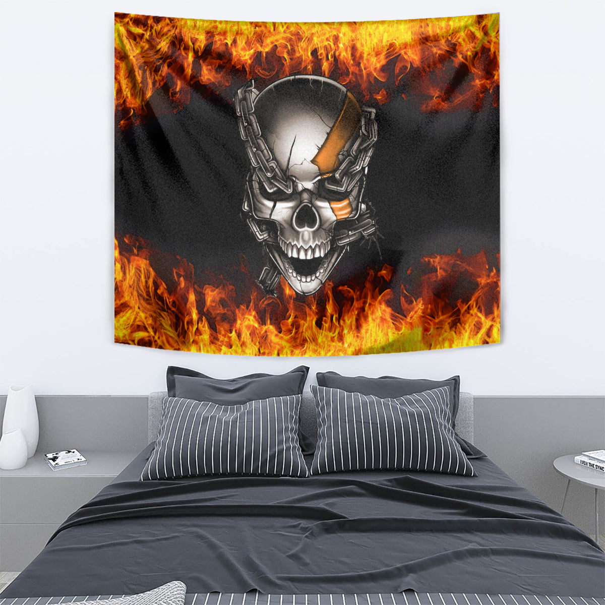 Metal Skull Tapestry Infernal Chains in Fiery Abyss - Wonder Print Shop