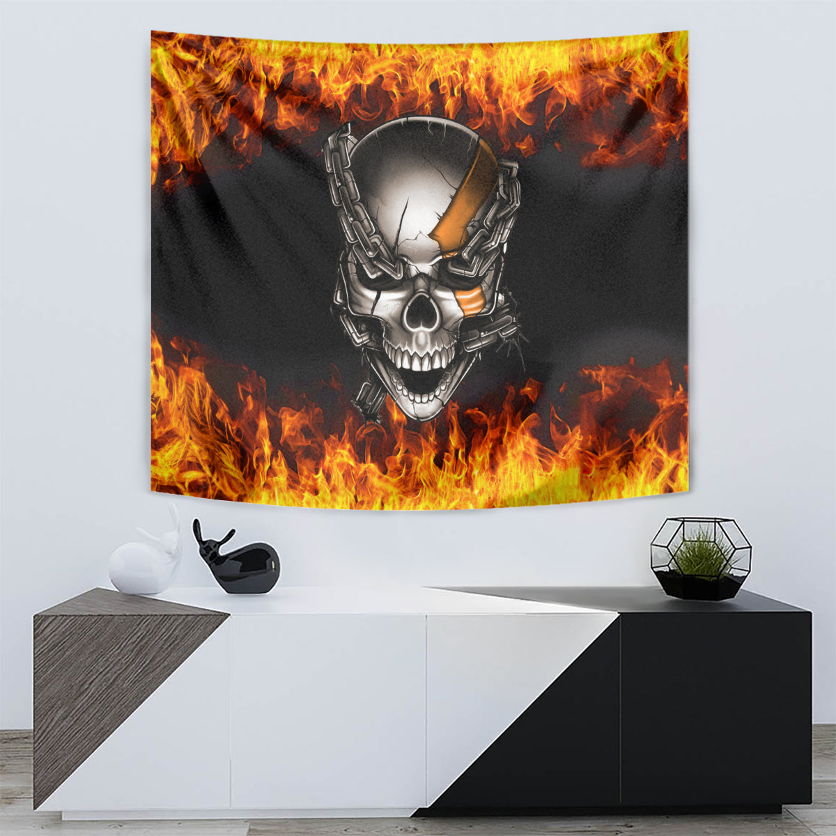 Metal Skull Tapestry Infernal Chains in Fiery Abyss - Wonder Print Shop