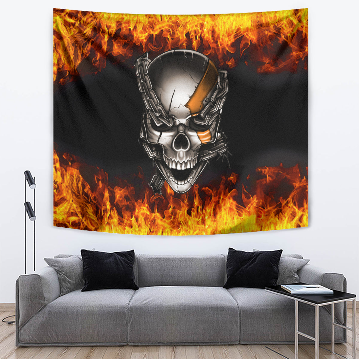 Metal Skull Tapestry Infernal Chains in Fiery Abyss - Wonder Print Shop