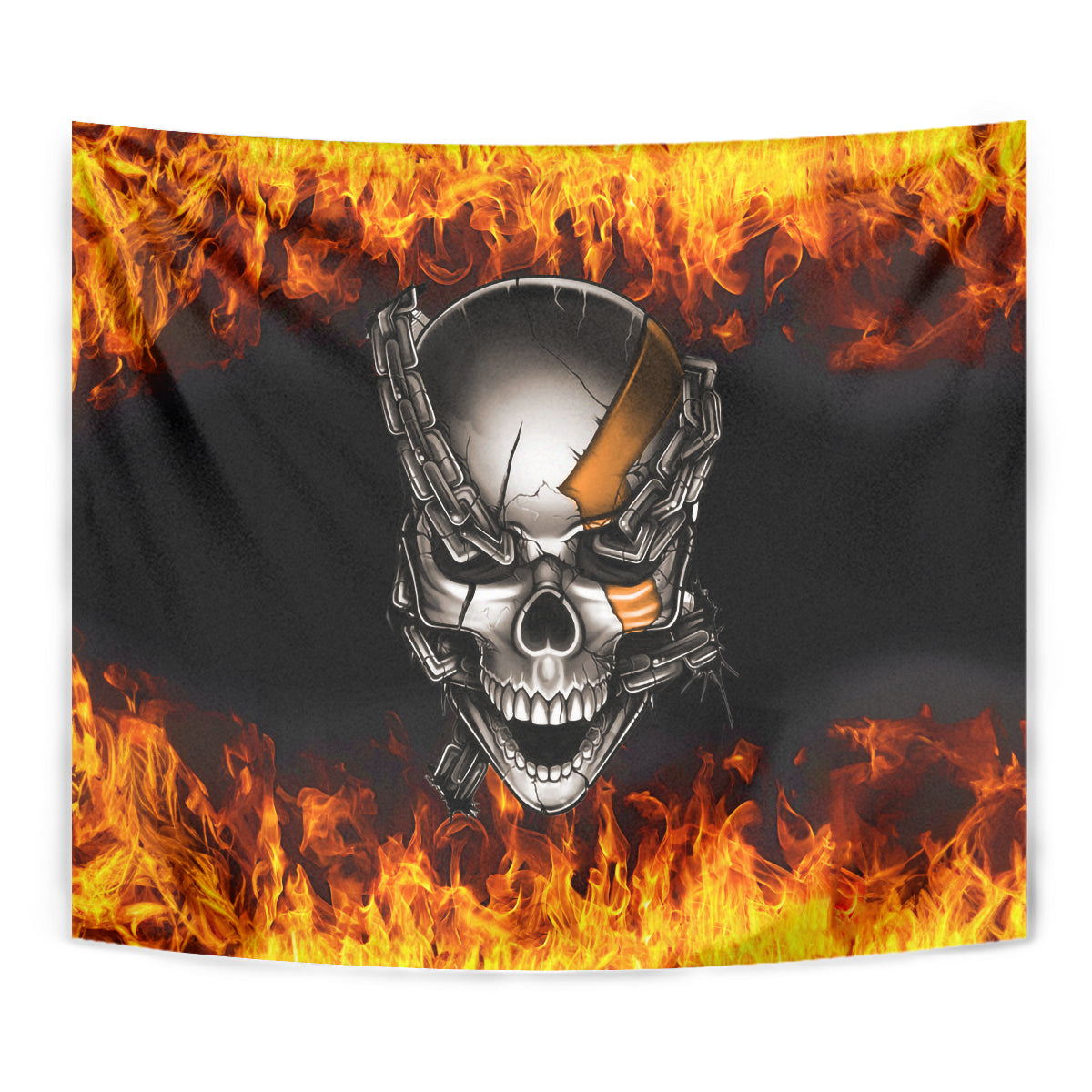 Metal Skull Tapestry Infernal Chains in Fiery Abyss - Wonder Print Shop