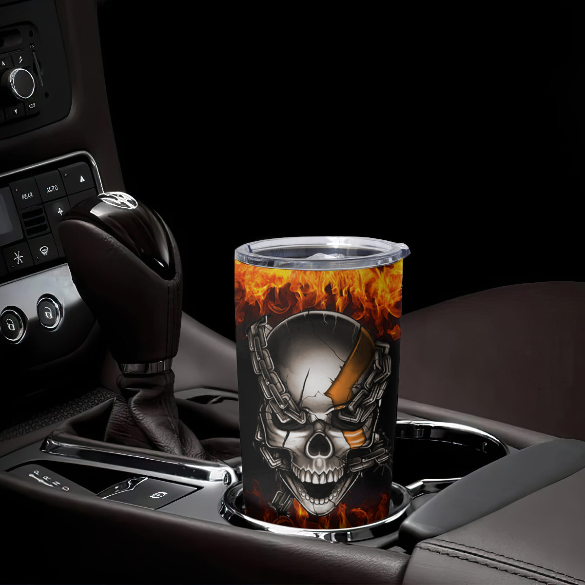 Metal Skull Tumbler Cup Infernal Chains in Fiery Abyss - Wonder Print Shop