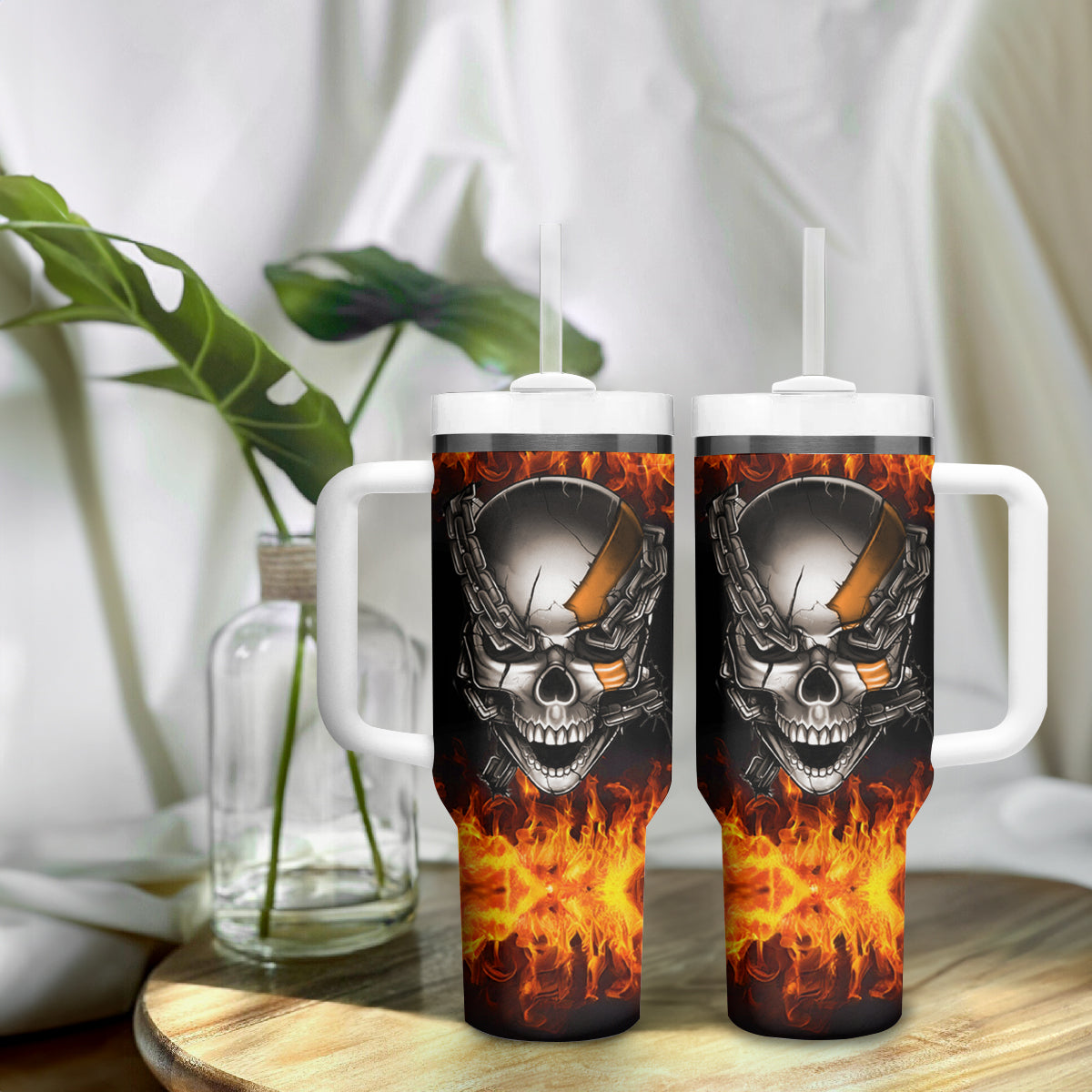 Metal Skull Tumbler With Handle Infernal Chains in Fiery Abyss - Wonder Print Shop