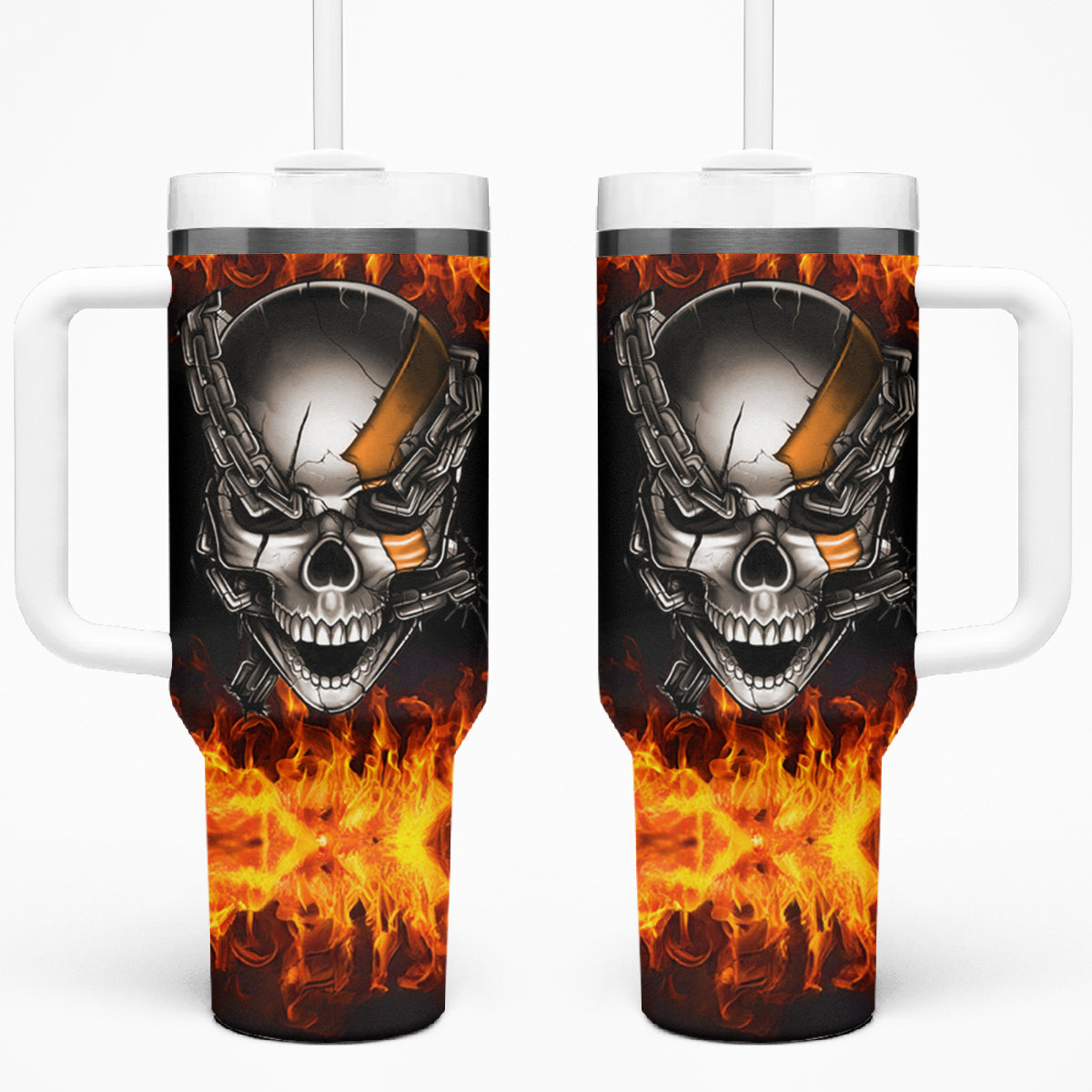 Metal Skull Tumbler With Handle Infernal Chains in Fiery Abyss - Wonder Print Shop