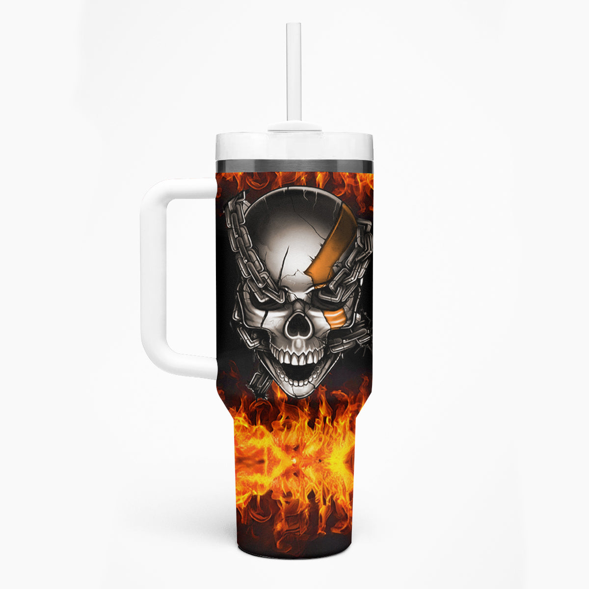 Metal Skull Tumbler With Handle Infernal Chains in Fiery Abyss - Wonder Print Shop
